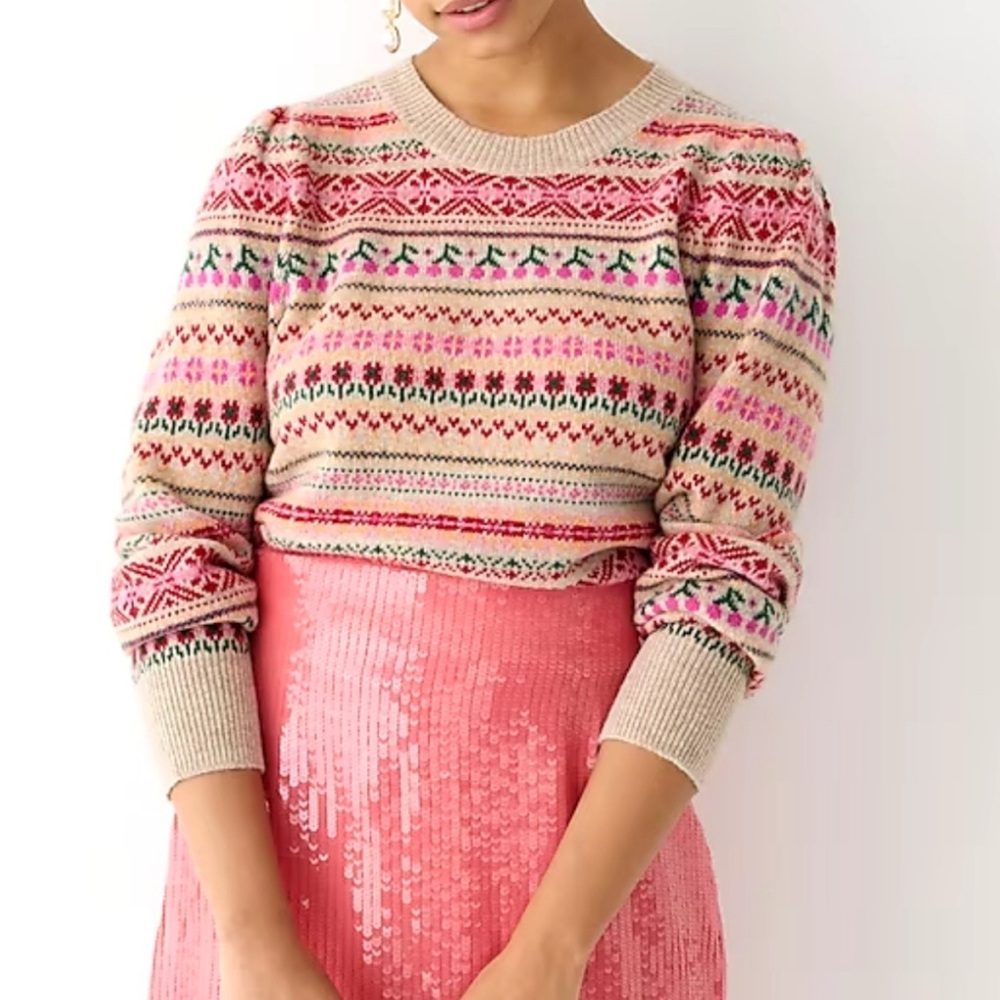 J.Crew Puff-Sleeve Fair Isle Crewneck Sweater Cherries and Hearts